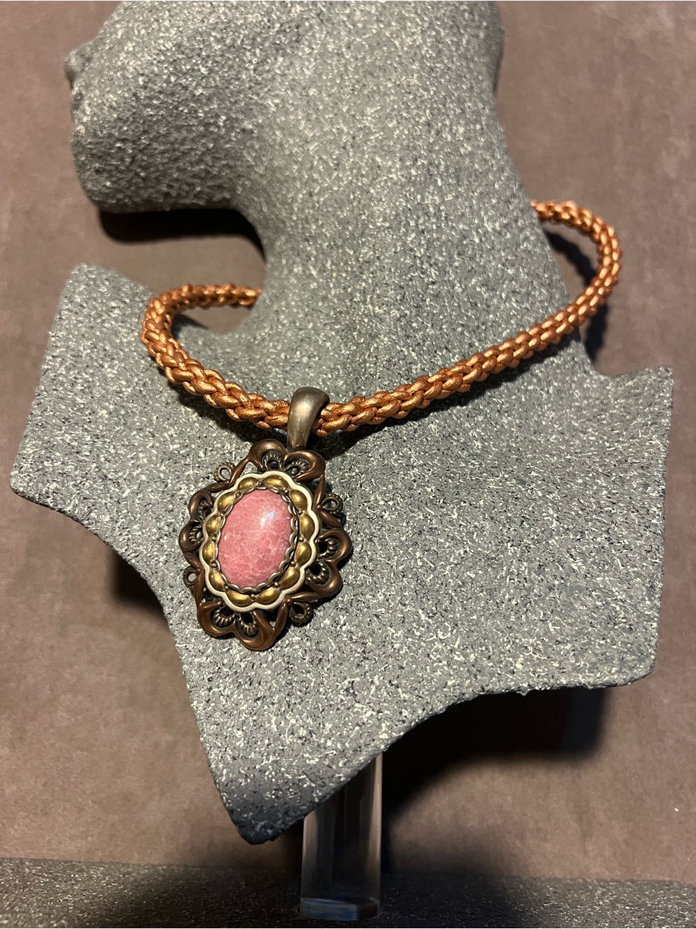 Vintage Pink Stone Pendant on Braided Tan Cord - Picture 2 of 6